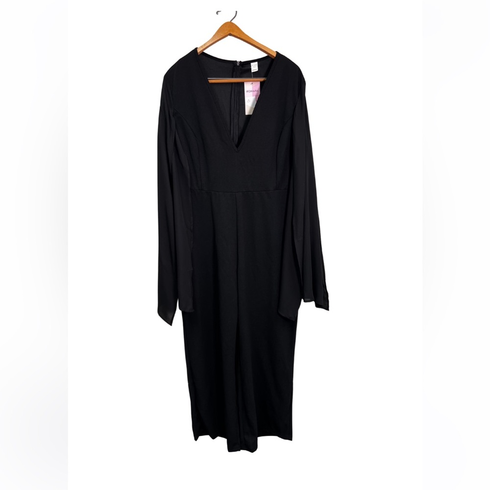 New Dressy Black High Waist Jumpsuit Deep V-Neck Split Long Sheer Sleeves 3X - Picture 2 of 15
